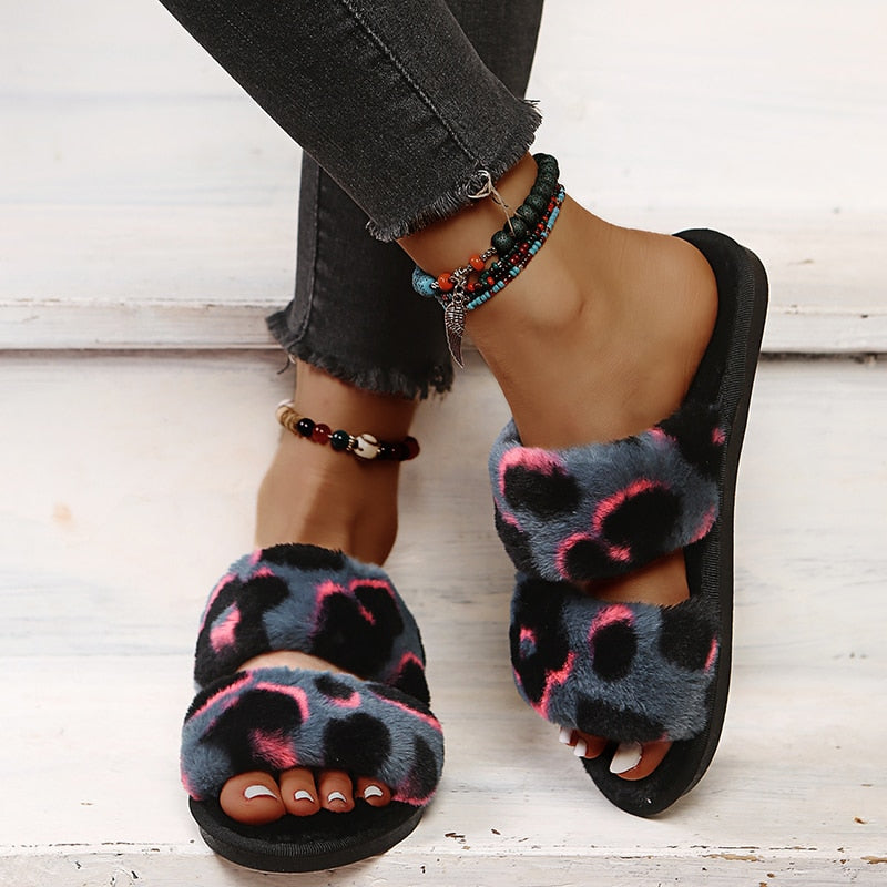 GREY & PINK LEOPARD PLUSH SLIDER SLIPPER