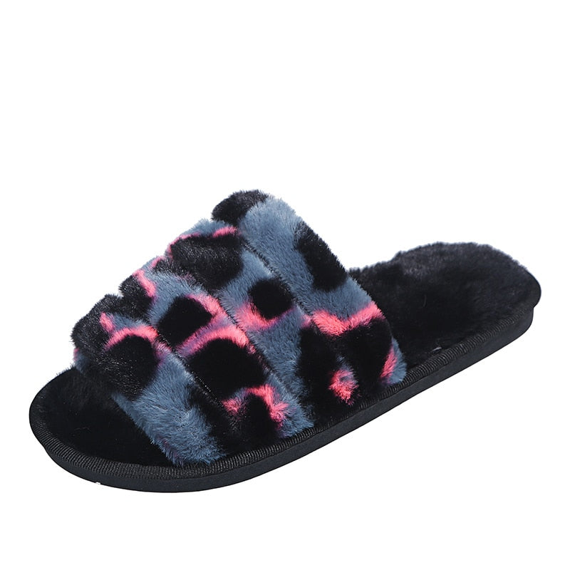 GREY & PINK LEOPARD PLUSH SLIDER SLIPPER