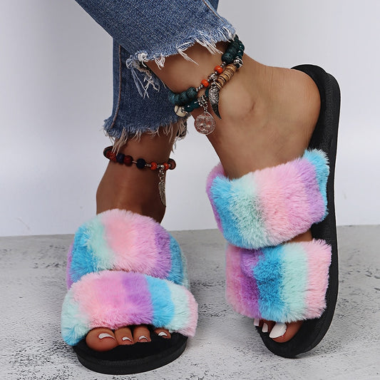 Pastel Rainbow Plush Slider Slippers